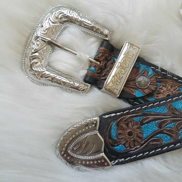 Myra Bag Turquoise Hand-Tooled Leather Belt - Picture 5 of 7